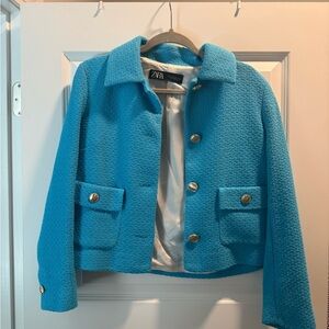 Zara Turquoise Textured Cropped Blazer
